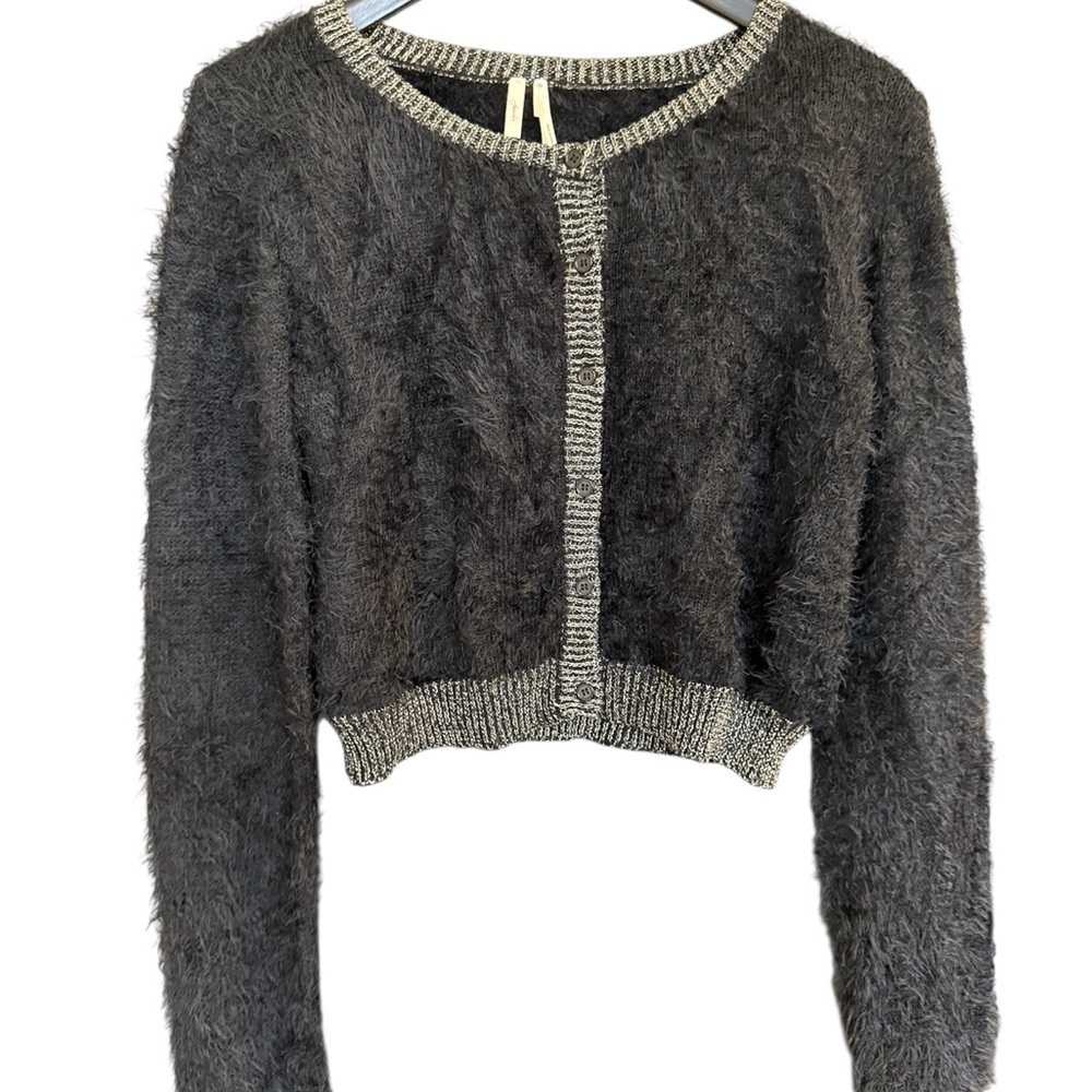 Frenchi L EUC super fun black and Light Gray really Fuzzy Cardigan